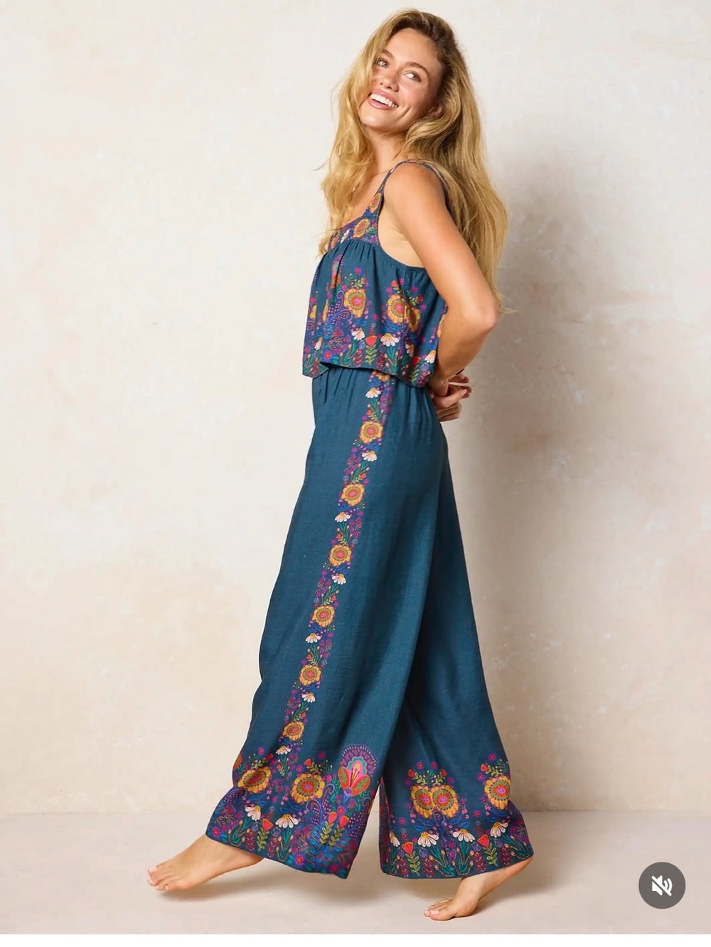 NATURAL LIFE Teal Wide-Leg Patti Pants New Multicolor Floral Boho Flower Power